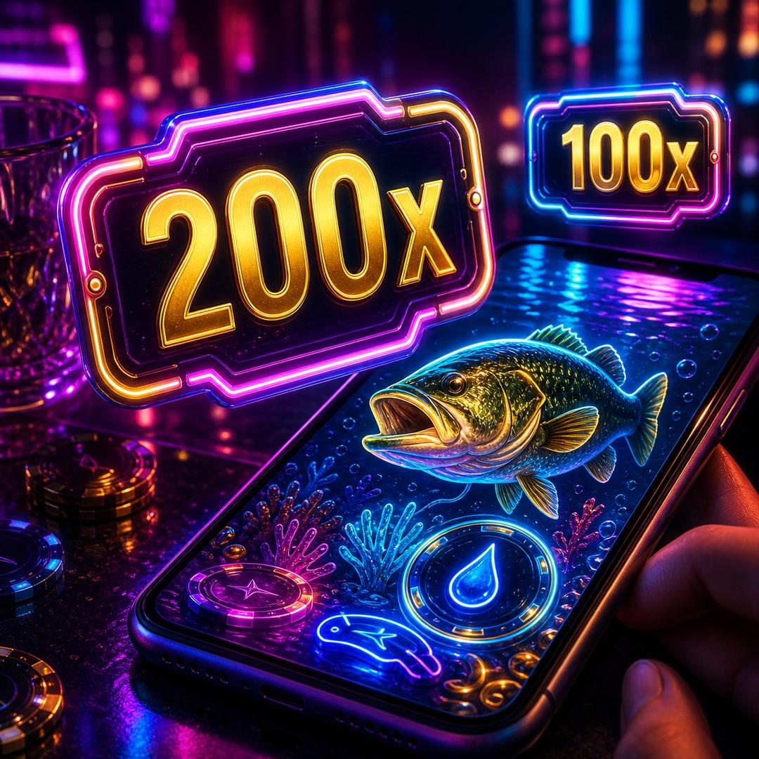Neon mobile fish arcade with glowing 200x and 100x score displays